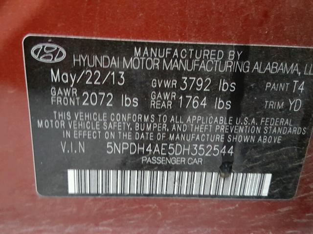 5NPDH4AE5DH352544 - 2013 HYUNDAI ELANTRA RED photo 10