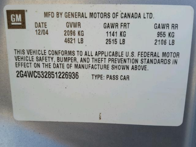2G4WC532851226936 - 2005 BUICK LACROSSE GRAY photo 10