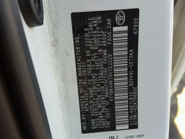 4T1BK46K28U563229 - 2008 TOYOTA CAMRY LE WHITE photo 10