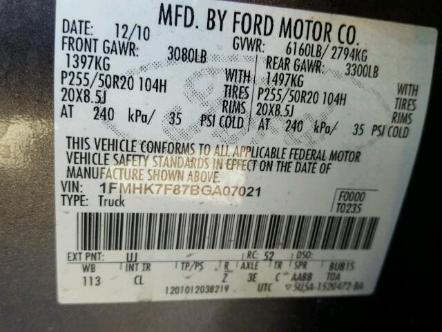 1FMHK7F87BGA07021 - 2011 FORD EXPLORER L GRAY photo 10