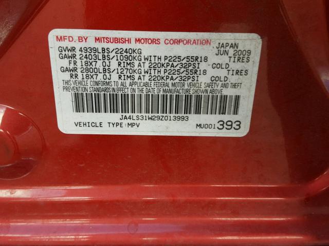 JA4LS31W29Z013993 - 2009 MITSUBISHI OUTLANDER RED photo 10