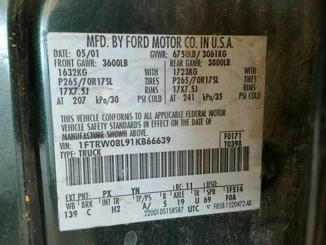 1FTRW08L91KB66639 - 2001 FORD F150 GREEN photo 10