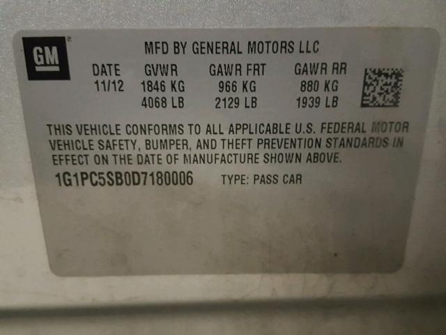 1G1PC5SB0D7180006 - 2013 CHEVROLET CRUZE LT SILVER photo 9