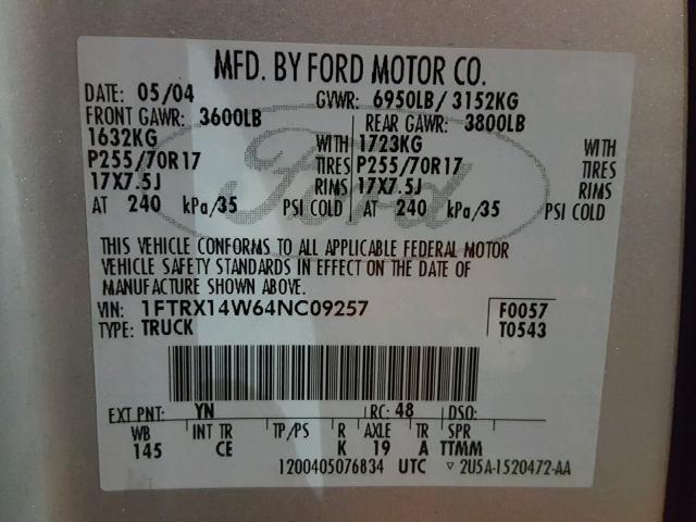 1FTRX14W64NC09257 - 2004 FORD F150 GRAY photo 10