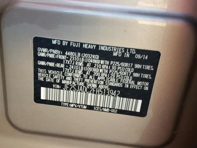 JF2SJADC2FH513942 - 2015 SUBARU FORESTER 2 GOLD photo 10