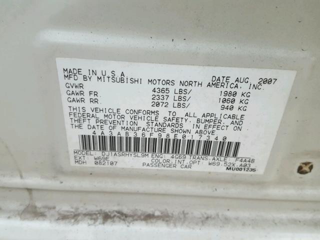 4A3AB36F98E017340 - 2008 MITSUBISHI GALANT WHITE photo 10