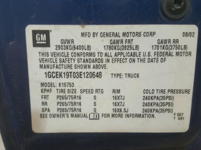 1GCEK19T03E120648 - 2003 CHEVROLET SILVERADO BLUE photo 10