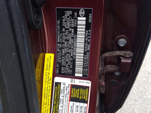 4T1BK1EB5DU042113 - 2013 TOYOTA AVALON BAS MAROON photo 10