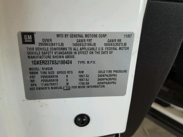 1GKER237X8J188424 - 2008 GMC ACADIA SLT 白色 照片 10