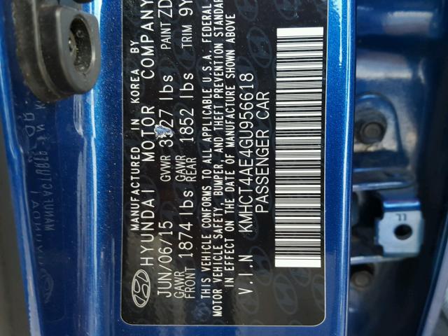 KMHCT4AE4GU956618 - 2016 HYUNDAI ACCENT SE BLUE photo 10