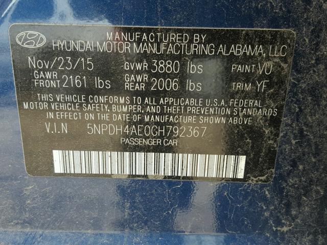 5NPDH4AE0GH792367 - 2016 HYUNDAI ELANTRA BLUE photo 10