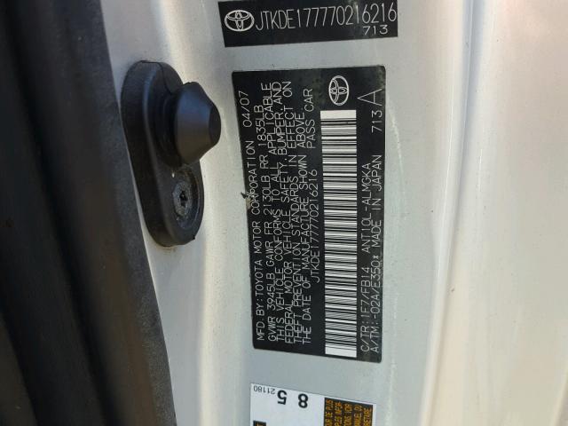 JTKDE177770216216 - 2007 TOYOTA SCION TC 银色 照片 10