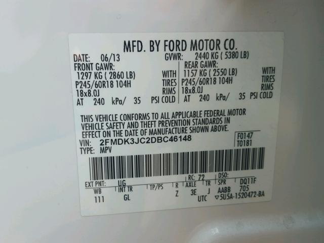 2FMDK3JC2DBC46148 - 2013 FORD EDGE SEL WHITE photo 10