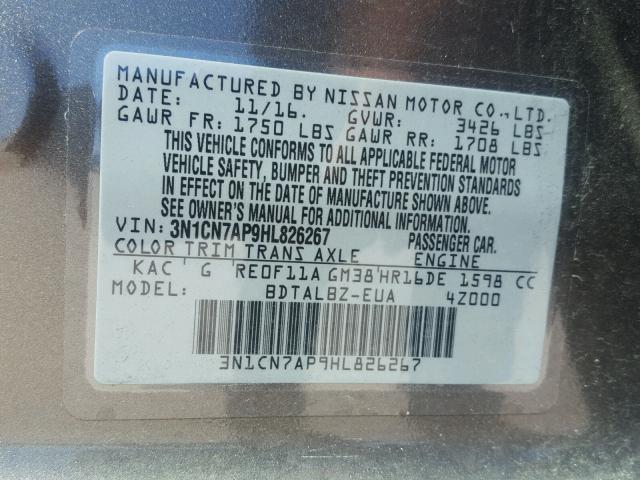 3N1CN7AP9HL826267 - 2017 NISSAN VERSA S GOLD photo 10