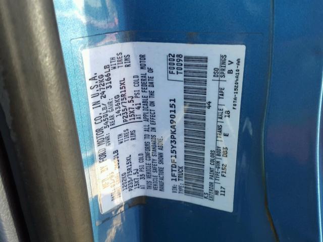 1FTDF15Y3PKA90151 - 1993 FORD F150 ლურჯი ფოტო 10