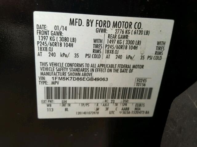 1FM5K7D86EGB49063 - 2014 FORD EXPLORER BLACK photo 10