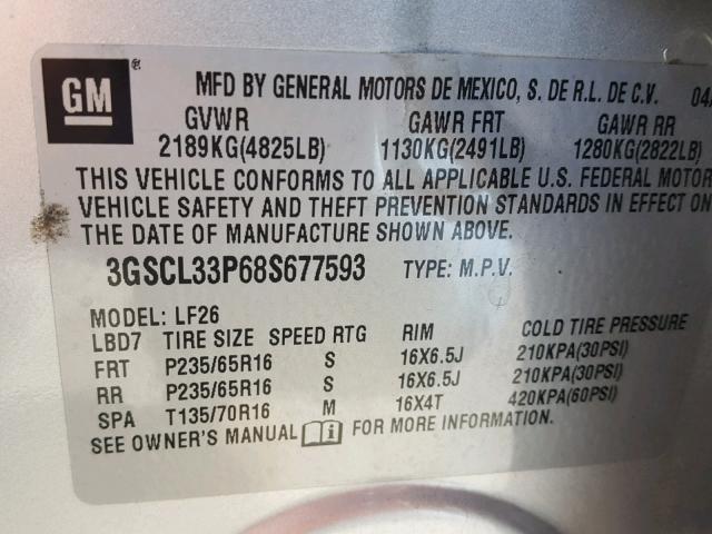 3GSCL33P68S677593 - 2008 SATURN VUE XE SILVER photo 10