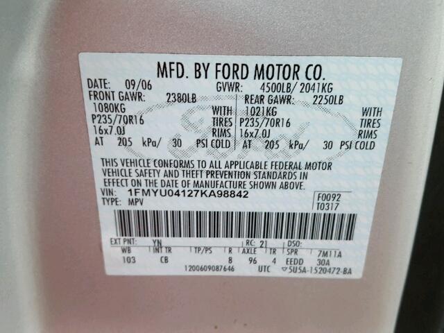 1FMYU04127KA98842 - 2007 FORD ESCAPE LIM SILVER photo 10