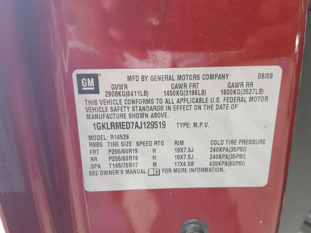 1GKLRMED7AJ129519 - 2010 GMC ACADIA SLT 红色 照片 10