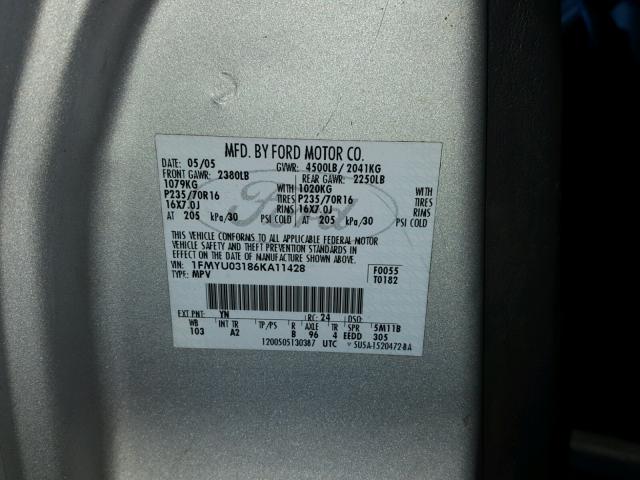 1FMYU03186KA11428 - 2006 FORD ESCAPE SILVER photo 10