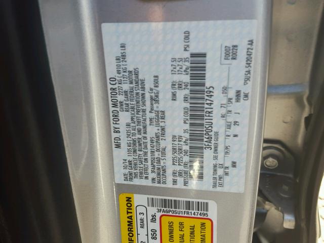 3FA6P0SU1FR147495 - 2015 FORD FUSION TIT SILVER photo 10