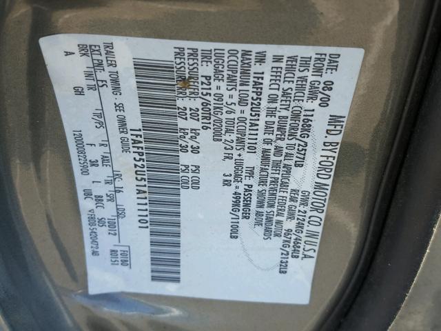 1FAFP52U51A111101 - 2001 FORD TAURUS LX GRAY photo 10