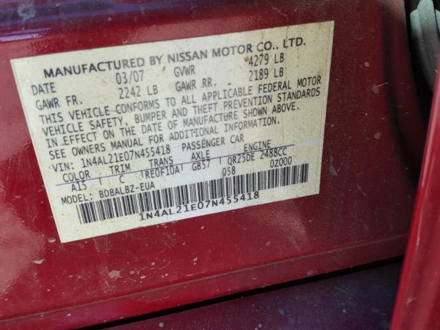 1N4AL21E07N455418 - 2007 NISSAN ALTIMA 2.5 RED photo 10