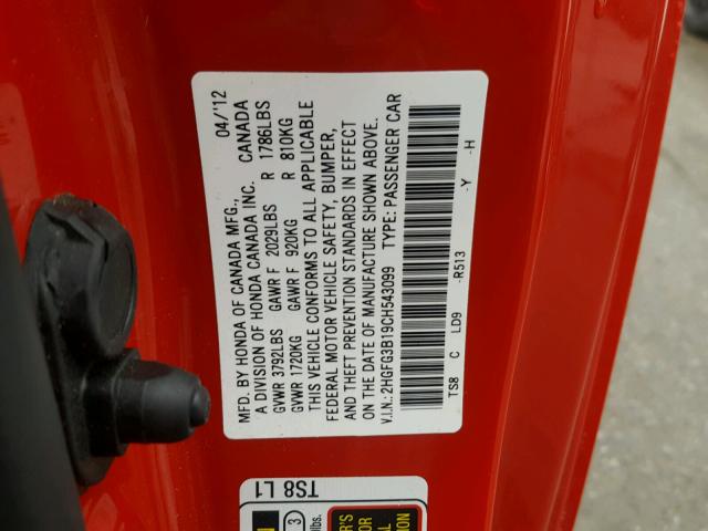 2HGFG3B19CH543099 - 2012 HONDA CIVIC EXL წითელი ფოტო 10