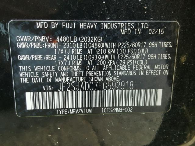JF2SJADC7FG592918 - 2015 SUBARU FORESTER 2 BLACK photo 10