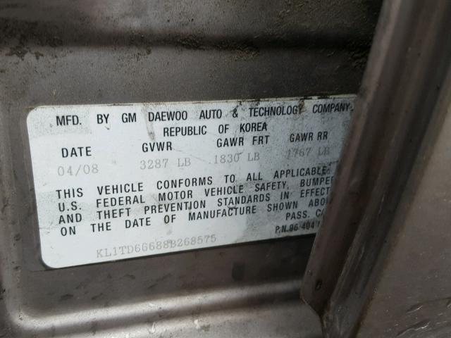 KL1TD66688B268575 - 2008 CHEVROLET AVEO BASE Szary zdjęcie 10