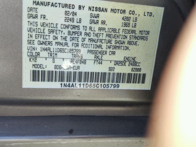 1N4AL11D65C105799 - 2005 NISSAN ALTIMA S GOLD photo 10