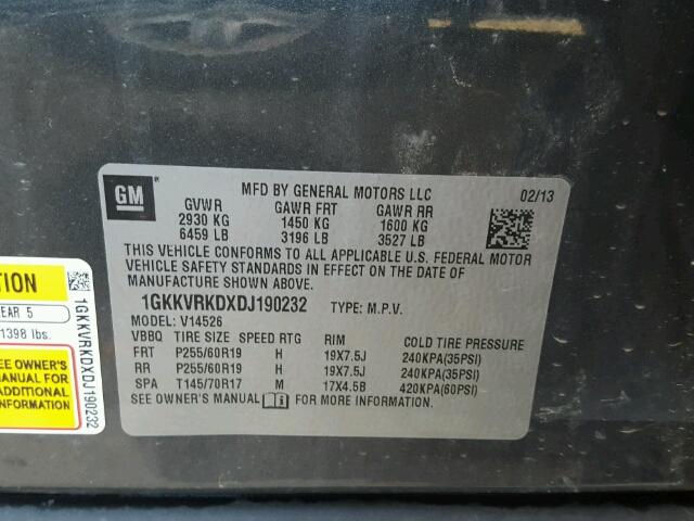 1GKKVRKDXDJ190232 - 2013 GMC ACADIA SLT Qara foto 10