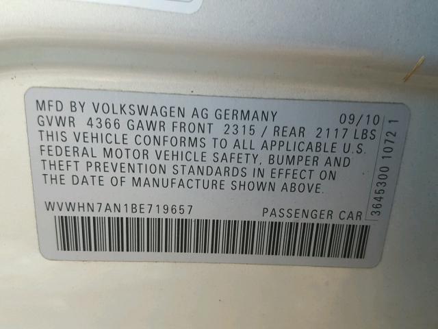 WVWHN7AN1BE719657 - 2011 VOLKSWAGEN CC SILVER photo 10