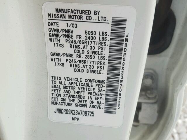 JN8DR09X33W708725 - 2003 NISSAN PATHFINDER WHITE photo 10