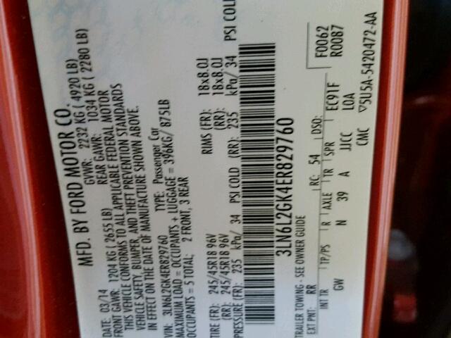 3LN6L2GK4ER829760 - 2014 LINCOLN MKZ წითელი ფოტო 10