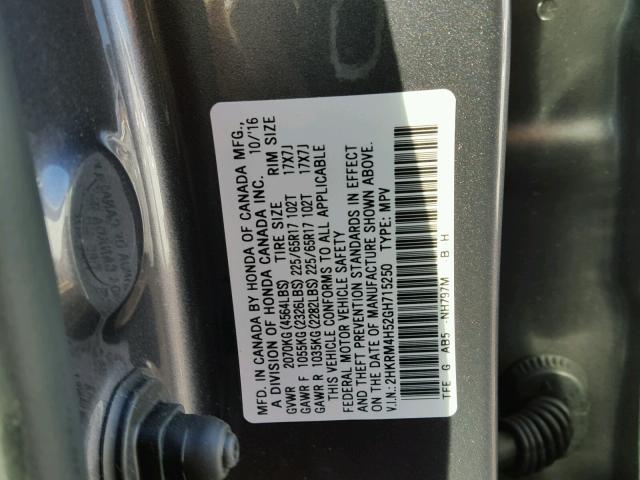 2HKRM4H52GH715250 - 2016 HONDA CR-V EX GRAY photo 10