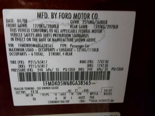 1FMDK05W68GA38565 - 2008 FORD TAURUS X MAROON photo 10