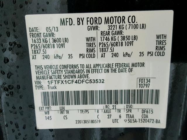 1FTFX1CF4DFC53532 - 2013 FORD F150 BLACK photo 10