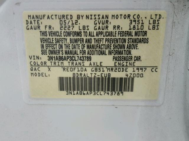 3N1AB6AP3CL743789 - 2012 NISSAN SENTRA WHITE photo 10