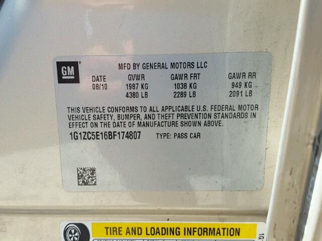 1G1ZC5E16BF174807 - 2011 CHEVROLET MALIBU 1LT თაფლისფერი ფოტო 10
