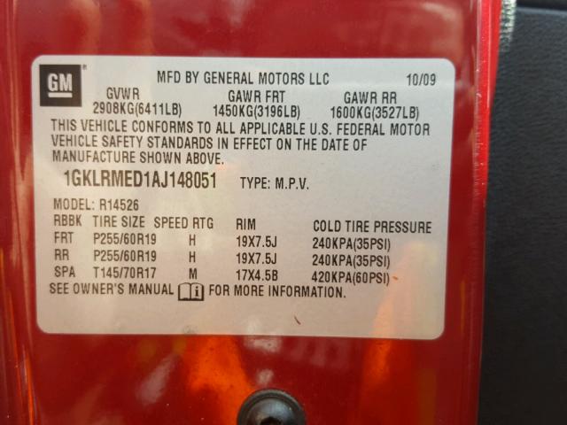 1GKLRMED1AJ148051 - 2010 GMC ACADIA SLT 红色 照片 10