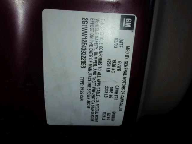 2G1WW12E439322053 - 2003 CHEVROLET MONTE CARL 紫色 照片 10