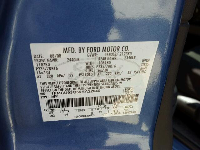 1FMCU93G59KA22040 - 2009 FORD ESCAPE XLT BLUE photo 10