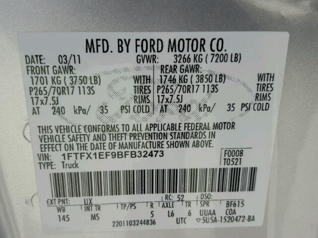 1FTFX1EF9BFB32473 - 2011 FORD F150 SUPER SILVER photo 10