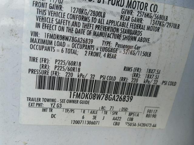 1FMDK08W78GA26839 - 2008 FORD TAURUS X WHITE photo 10