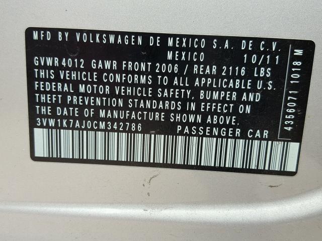 3VW1K7AJ0CM342786 - 2012 VOLKSWAGEN JETTA BASE 银色 照片 10
