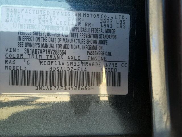 3N1AB7AP1HY288554 - 2017 NISSAN SENTRA S BLACK photo 10