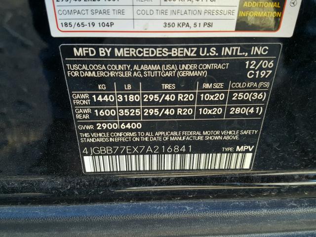 4JGBB77EX7A216841 - 2007 MERCEDES-BENZ ML BLUE photo 10