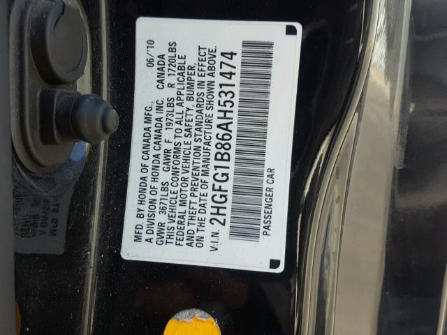 2HGFG1B86AH531474 - 2010 HONDA CIVIC EX BLACK photo 10