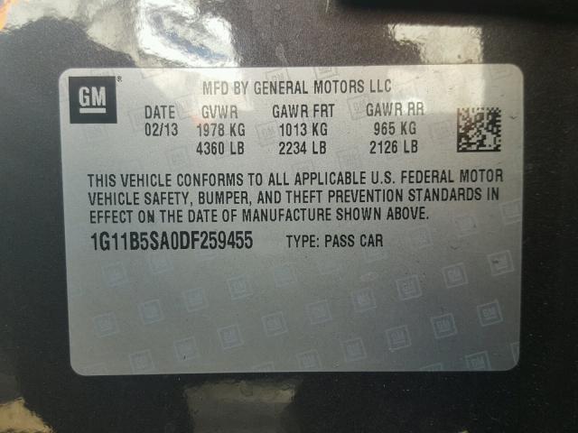 1G11B5SA0DF259455 - 2013 CHEVROLET MALIBU LS გრაფიტი ფოტო 10